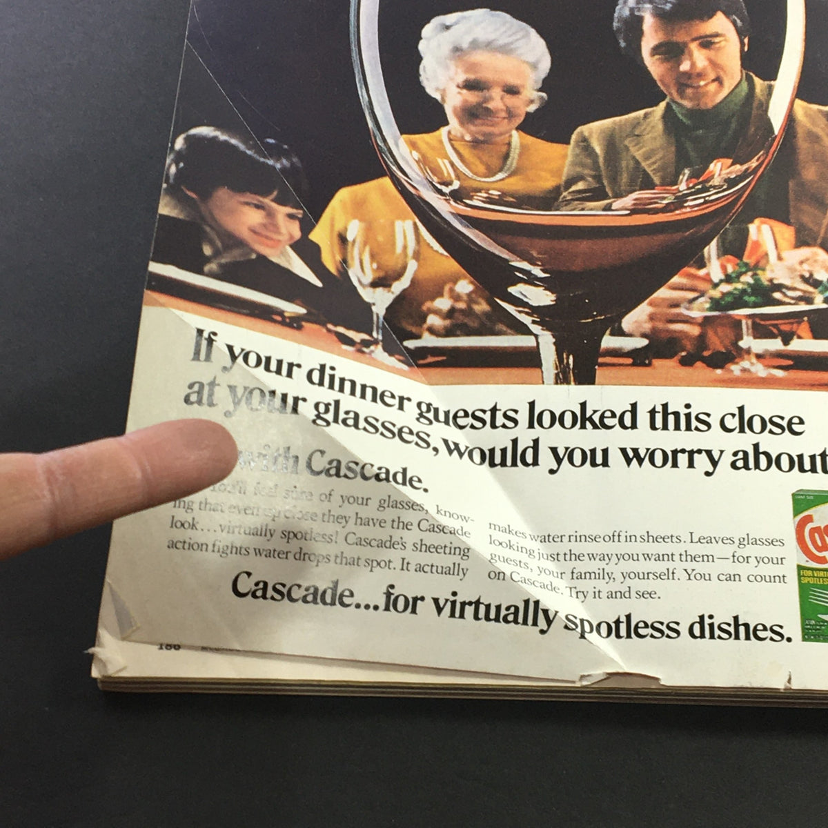 Close-up of the VTG McCall's Magazine June 1976 cover showing the Cascade ad, highlighting a family gathering and the message about spotless dishes.