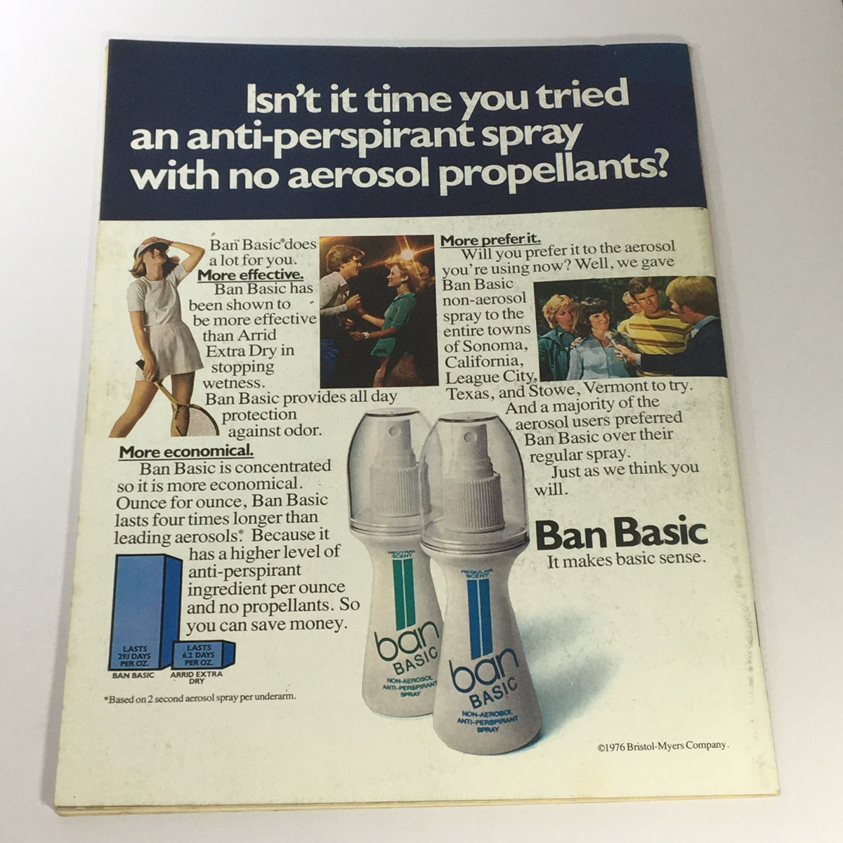 Back cover of the VTG Women Sports Magazine May 1976 Vol 3 #5, advertising Ban Basic non-aerosol anti-perspirant spray with images and details about its effectiveness and economy.