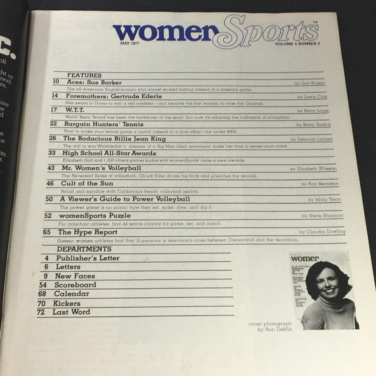 Contents page of the May 1977 issue of Women Sports Magazine, highlighting features like Billie Jean King and Sue Barker, sports articles, and magazine organization details. Perfect for enthusiasts of women's sports history.