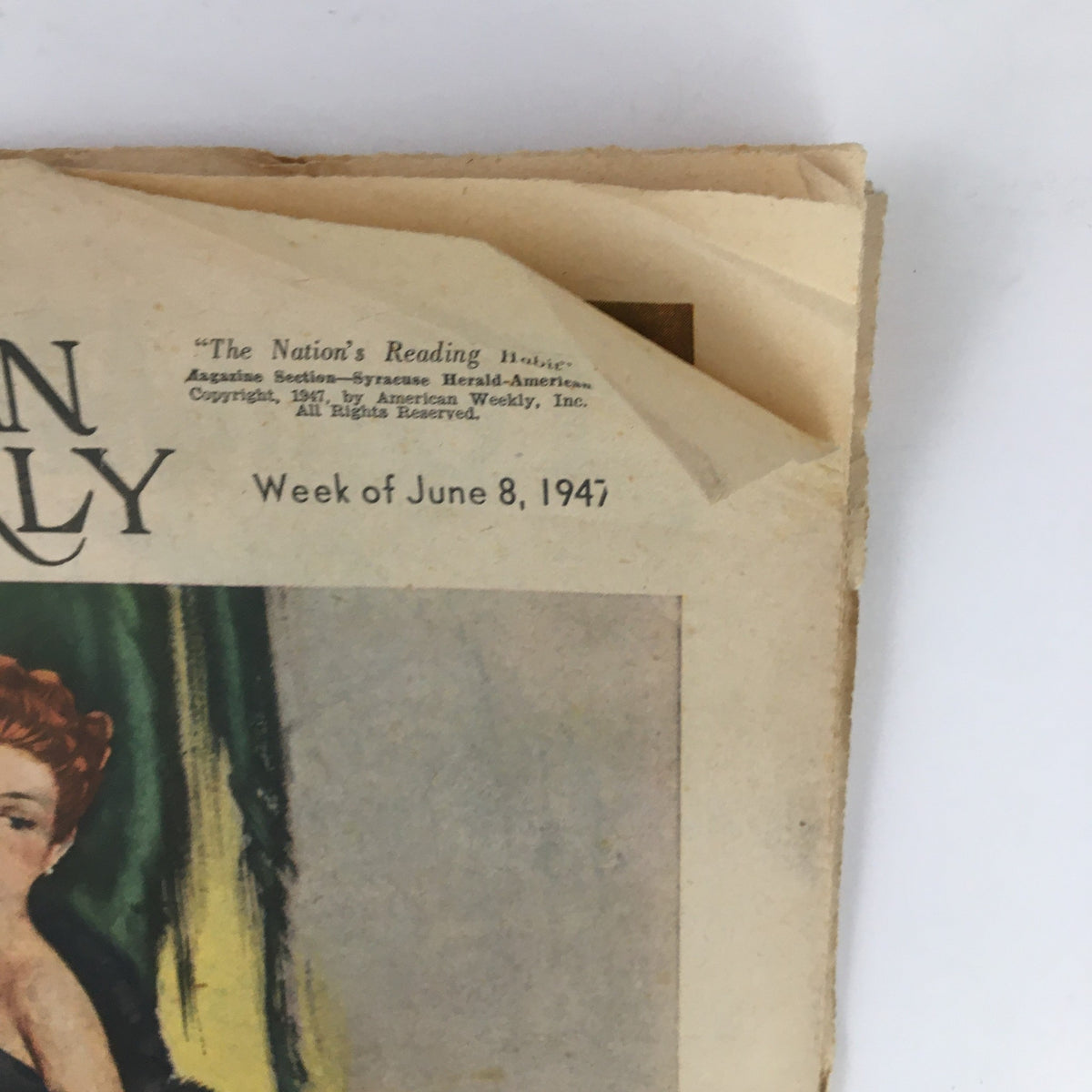 Close-up of the upper section of The American Weekly Magazine from June 8, 1947, highlighting the date and title along with a portion of the artwork by David Wright.