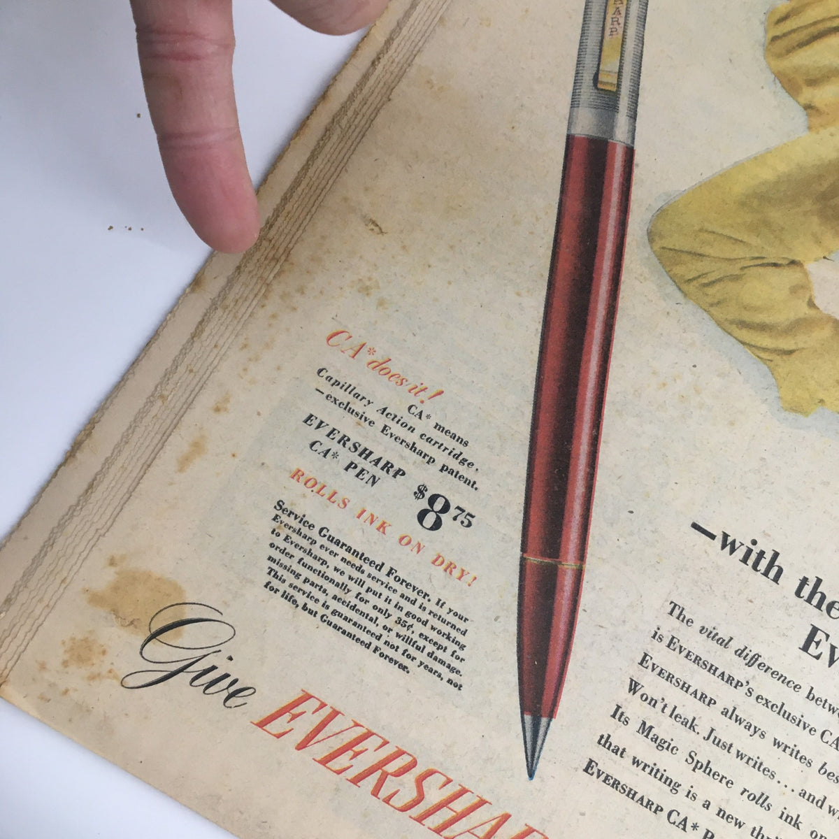 Close-up of Eversharp pen advertisement in The American Weekly Magazine June 8 1947, displaying the product details and pricing. Emphasizes vintage advertising and the quality of mid-20th century writing instruments.