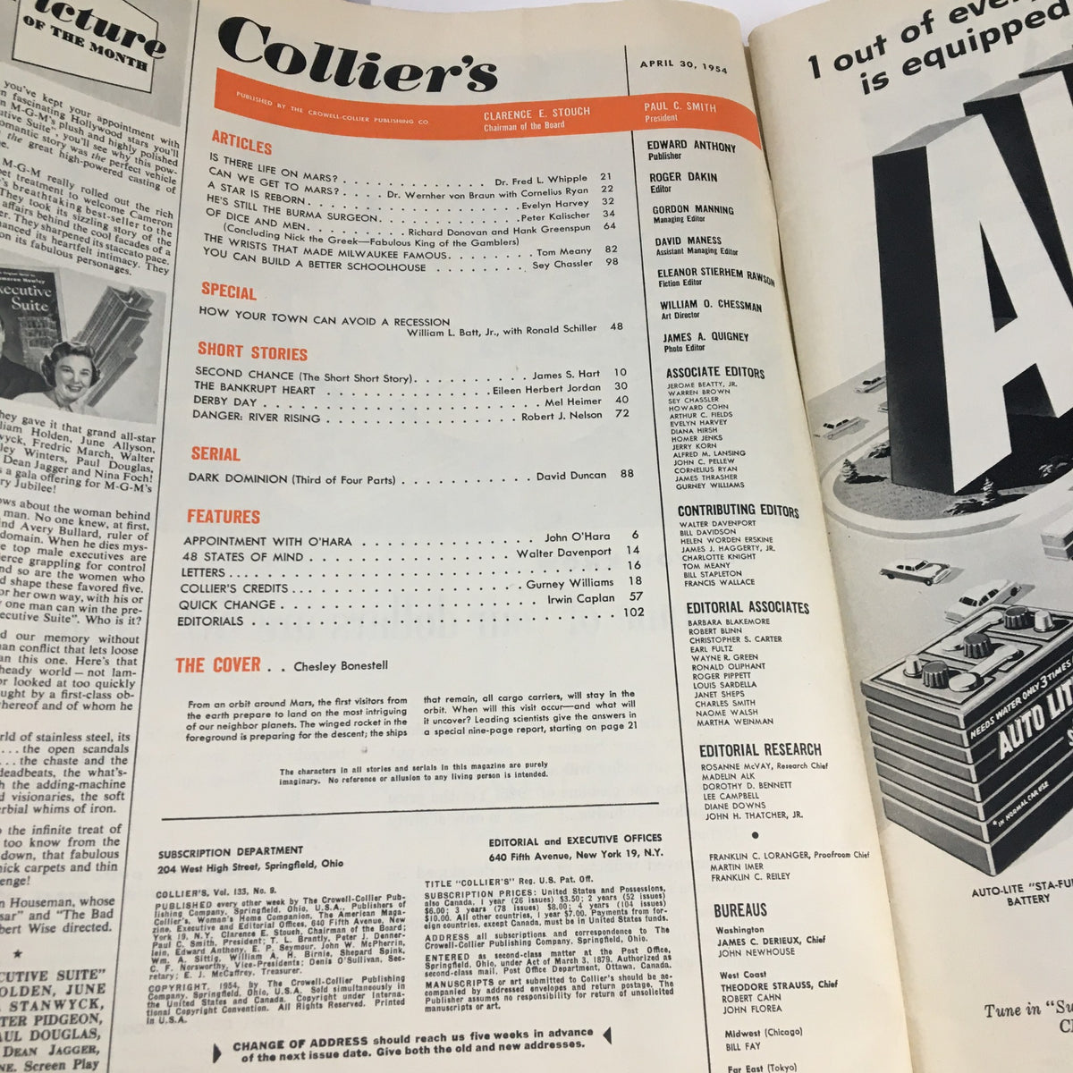 Interior page of Collier's Magazine April 30 1954, showcasing the table of contents and articles related to Mars exploration.