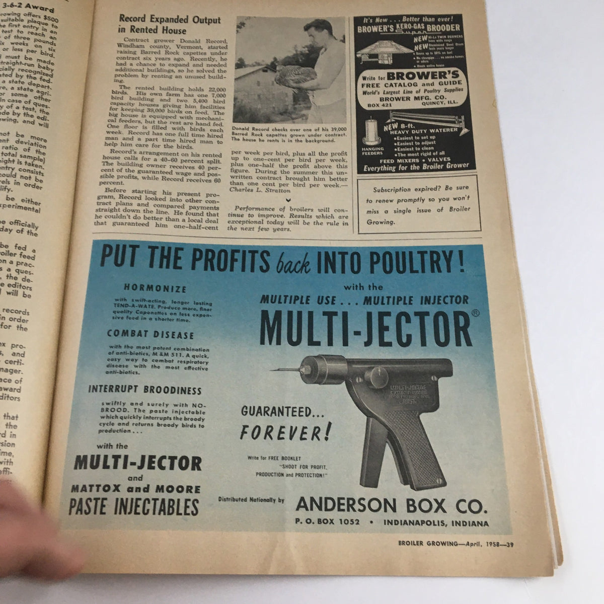 Page from Broiler Growing Magazine April 1958 displaying an advertisement for the Multi-Jector poultry injector, promoting productivity and disease combat.