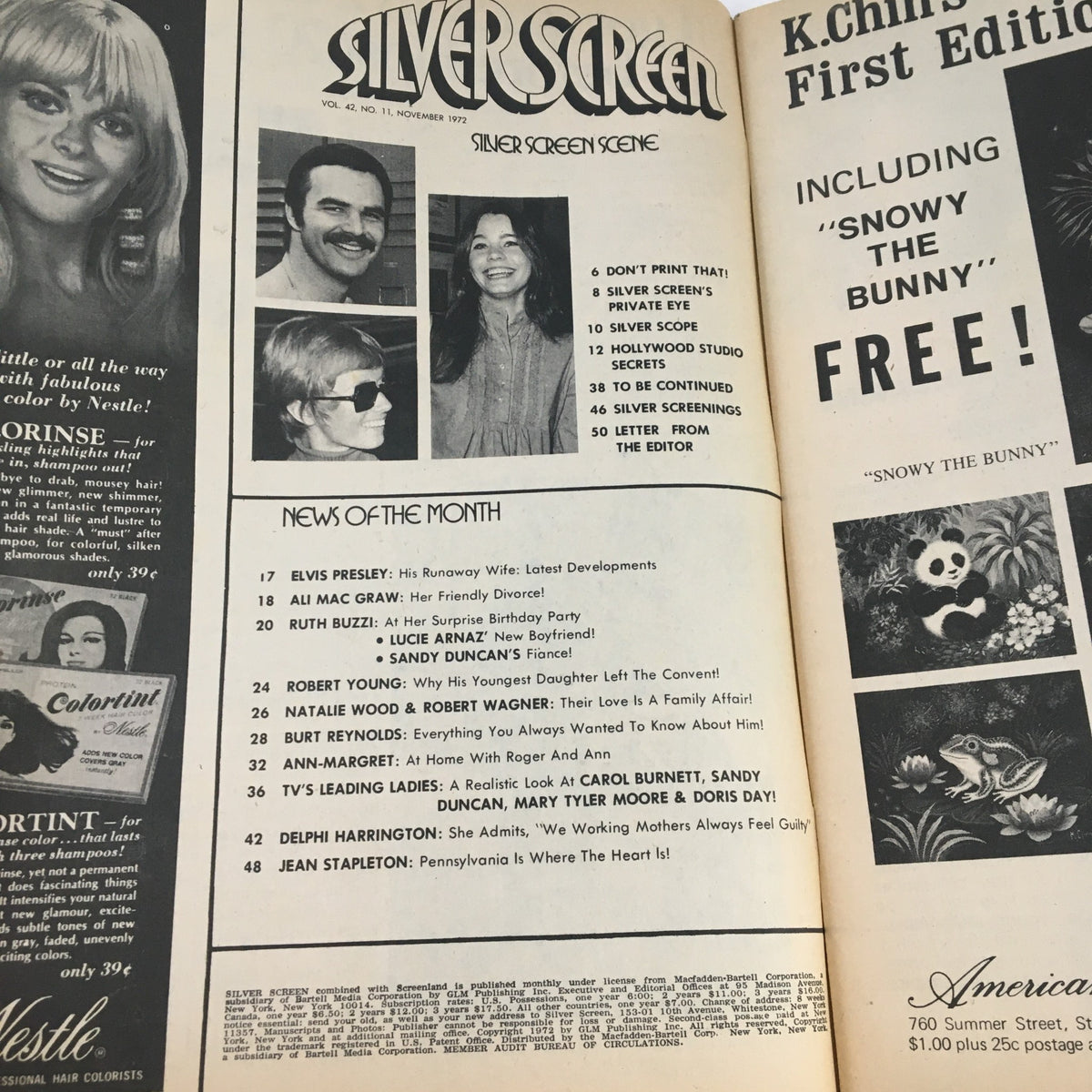 Inside page of Silver Screen Magazine November 1972 featuring the table of contents with notable articles about Elvis Presley, Ali MacGraw, Lucie Arnaz, and Sandy Duncan.