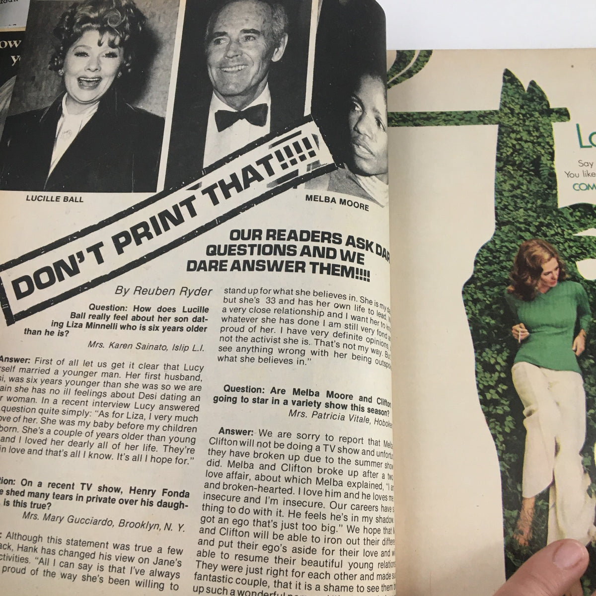 Another inside page of Silver Screen Magazine November 1972 discussing celebrity gossip, featuring Lucille Ball and Melba Moore with an engaging question-and-answer format.