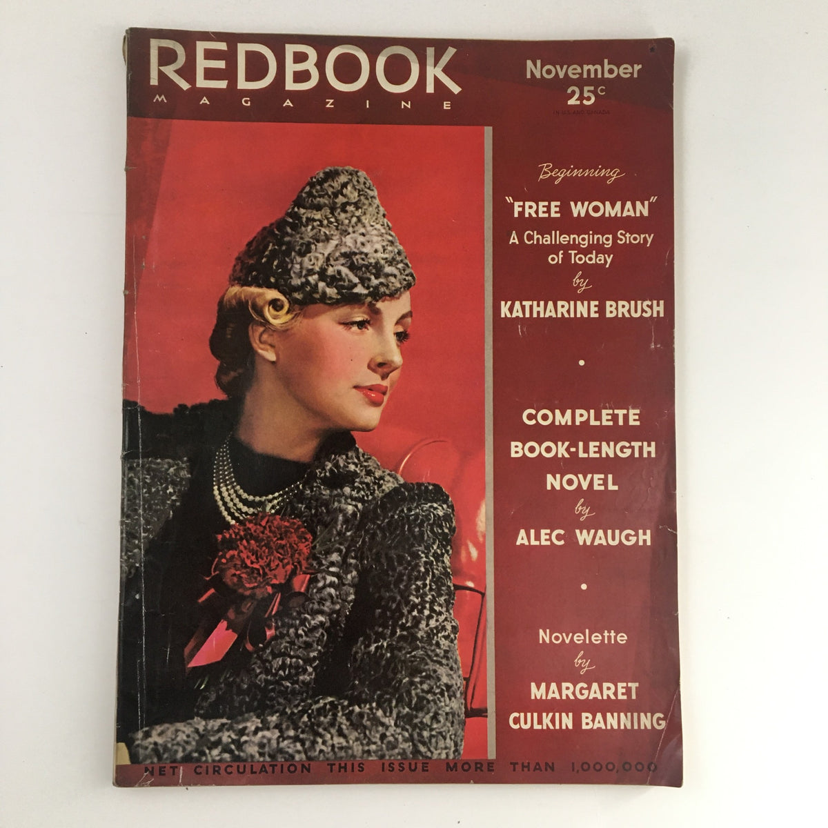 VTG Redbook Magazine November 1936 featuring the cover with a vintage illustration of a woman wearing a stylish hat and coat, presenting the story "Free Woman: A Challenging Story of Today" by Katharine Brush.