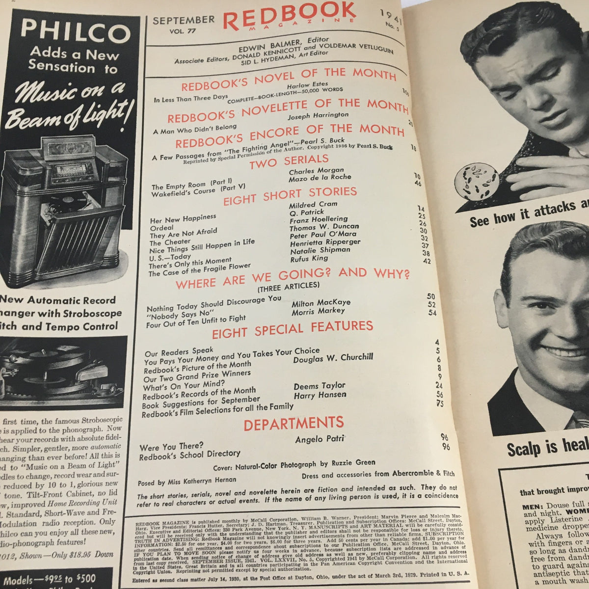 Inside page of VTG Redbook Magazine September 1941 displaying contents and listed articles with early 1940s cultural references.