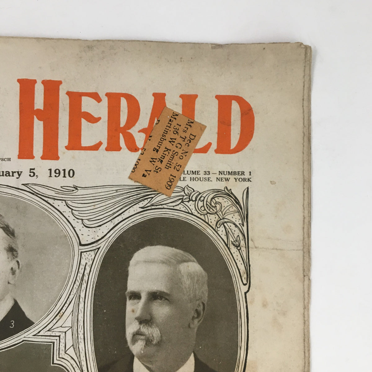 Top corner of Christian Herald Magazine January 5 1910, featuring the date and a notable address label, emphasizing its vintage appeal.