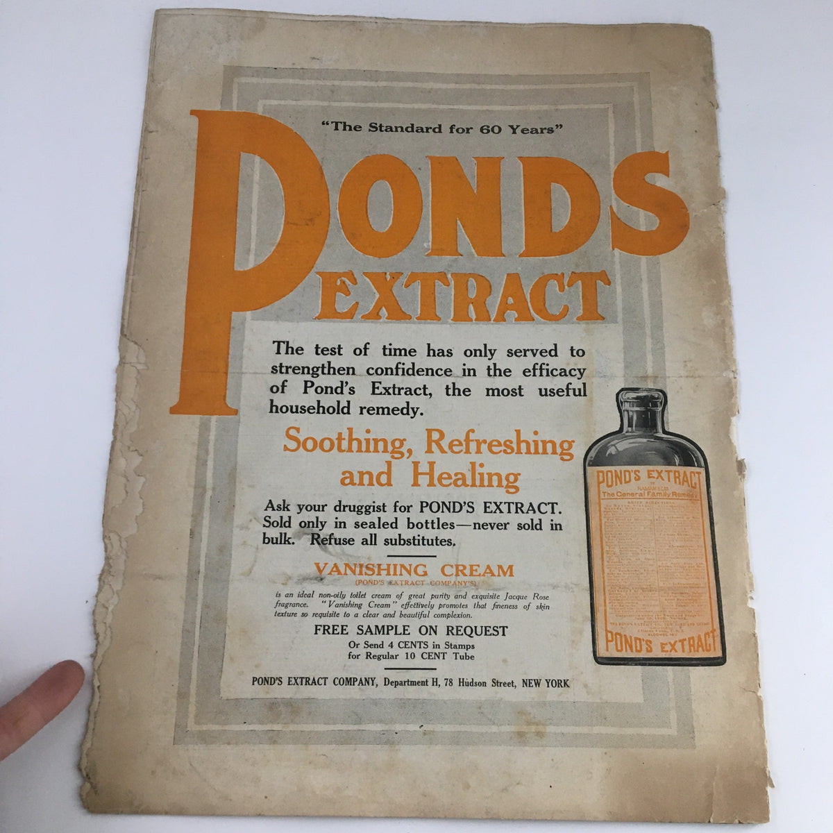 Cover of POND'S Extract advertisement showcasing a vintage product from the Christian Herald Magazine January 5 1910, emphasizing its soothing, refreshing, and healing properties.