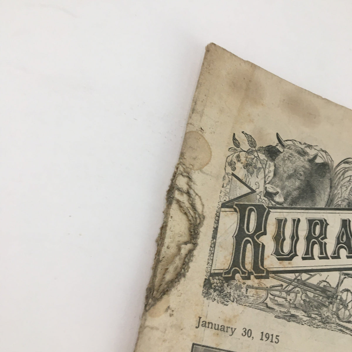 Side view of the binding of The Rural New Yorker Magazine January 30, 1915 showcasing wear and vintage characteristics.