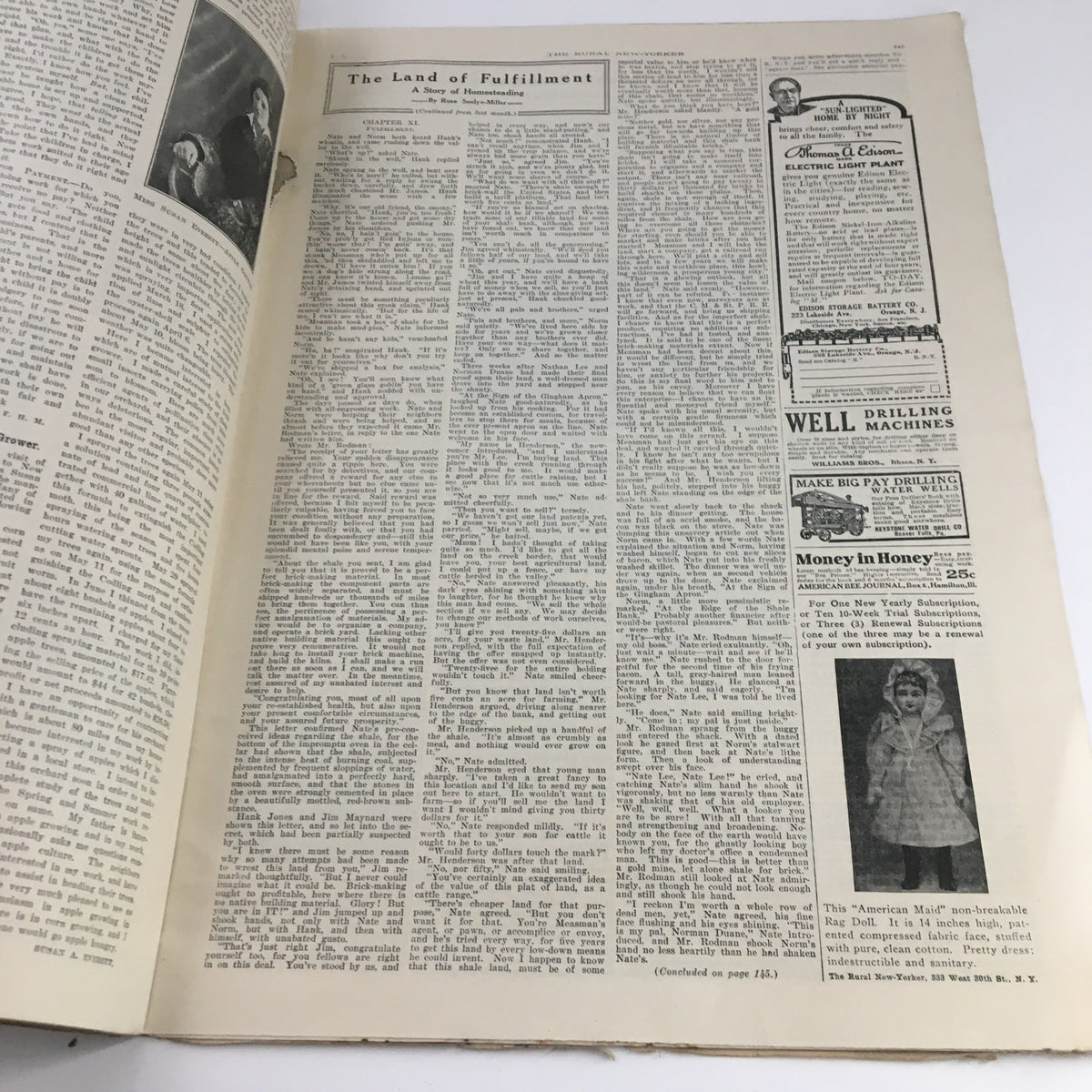 Another interior page from The Rural New Yorker Magazine January 30 1915, displaying text and old-fashioned advertisements, reflecting the era's social narrative.