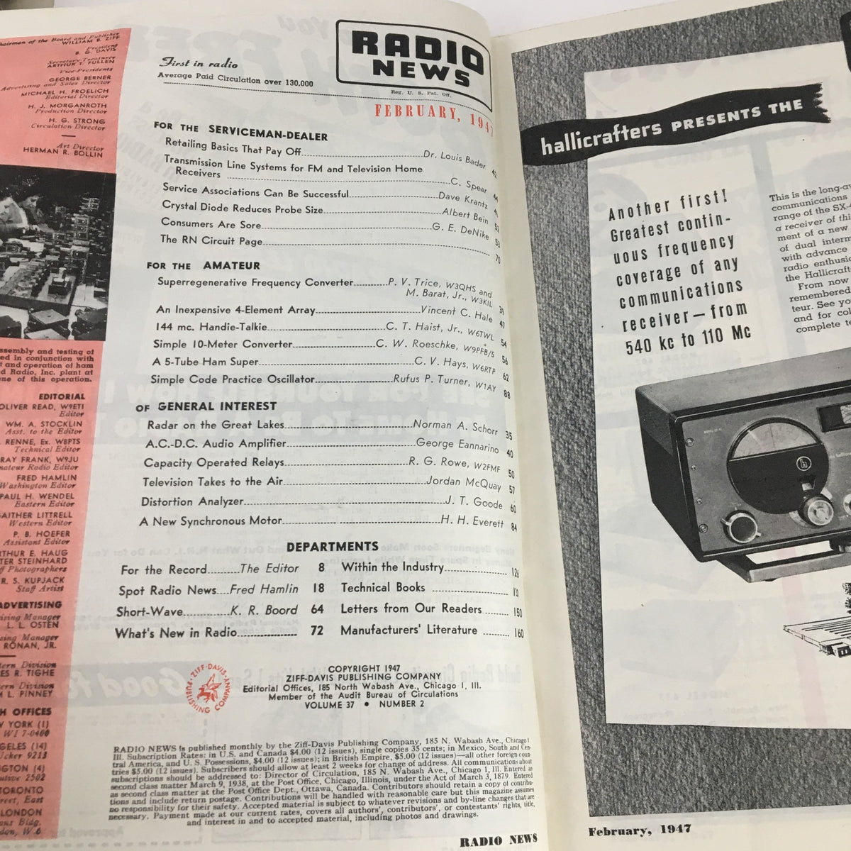 Inside page of the VTG Radio News Magazine February 1947 displaying the table of contents with articles related to service for radio dealers and amateurs, representing the publication's focus on retail basics.