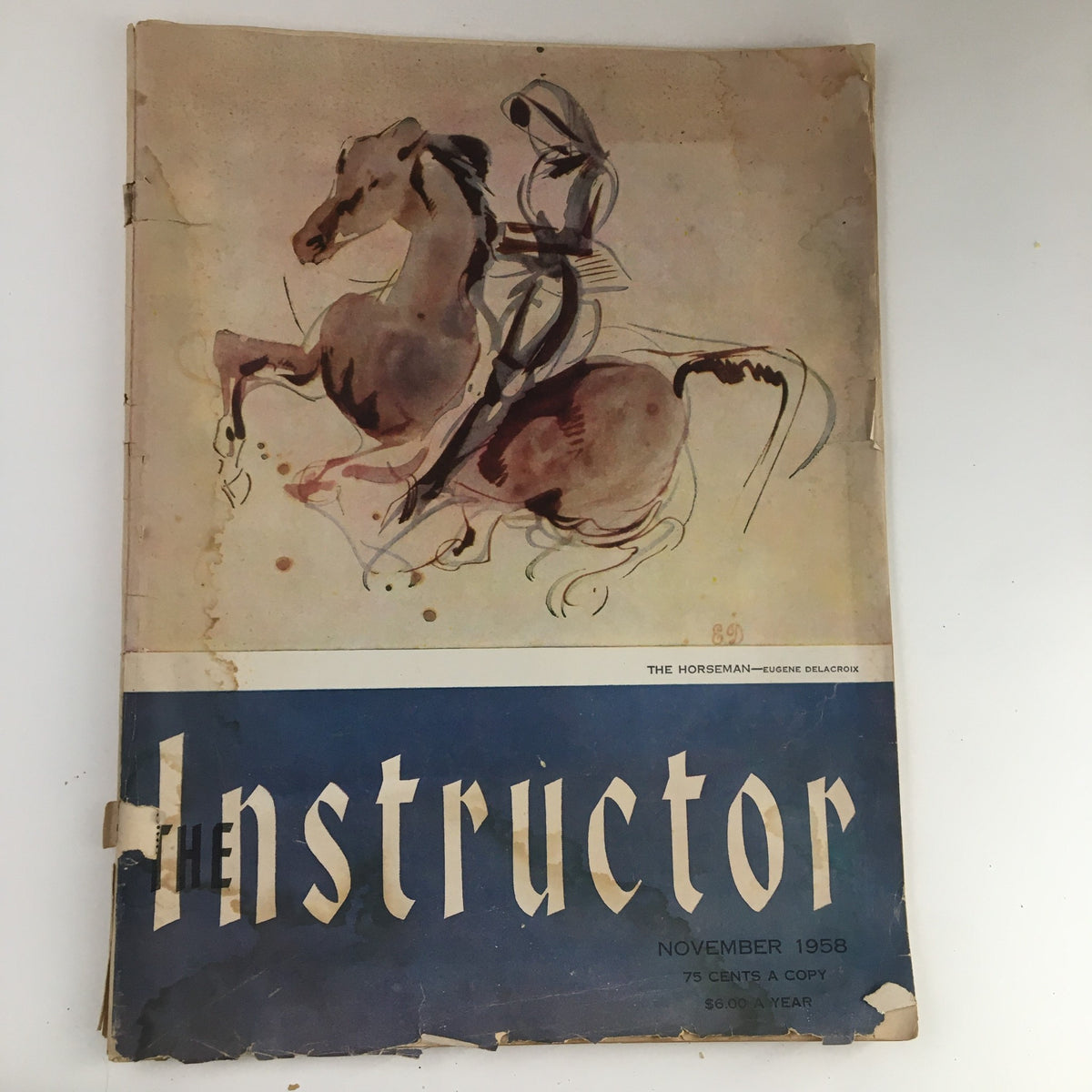 Cover of The Instructor Magazine, November 1958, featuring 'The Horseman' by Eugene Delacroix, showcasing vintage equestrian art. The magazine is slightly worn, reflecting its historical significance.