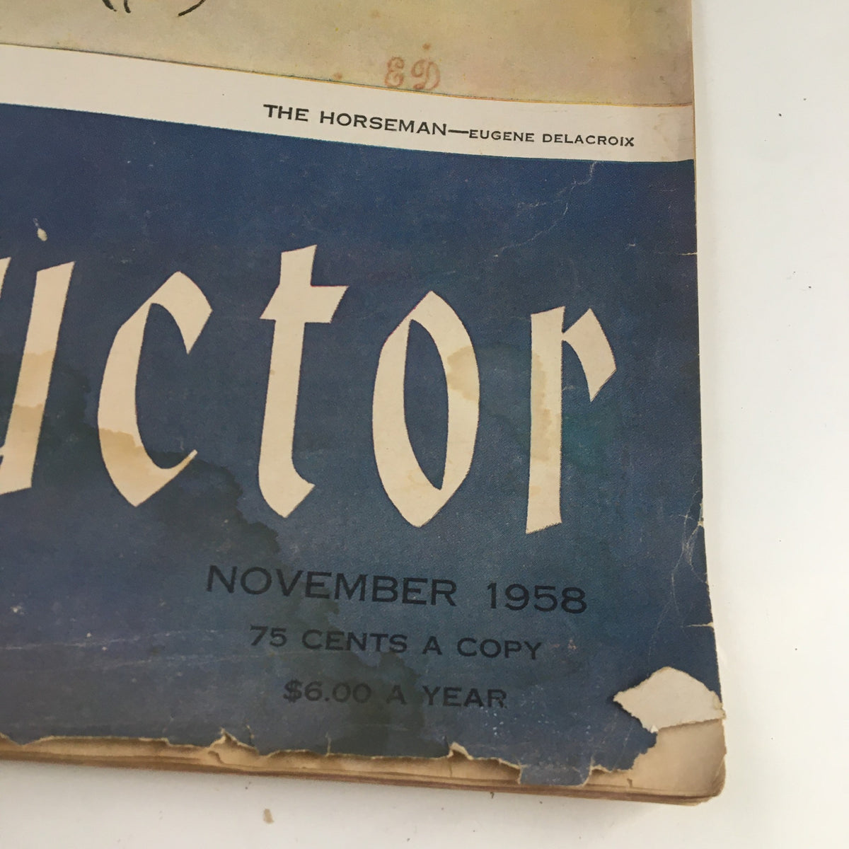 Detail view of the title area on The Instructor Magazine November 1958, showcasing the name 'The Horseman' by Eugene Delacroix, with vintage magazine pricing information.