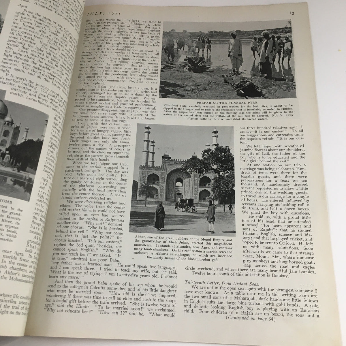 Page from VTG Travel Magazine July 1921 presenting articles and photographs related to travel experiences of the time.
