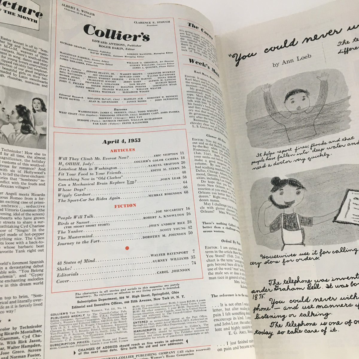 Inside page of VTG Collier's Magazine April 4, 1953, displaying the table of contents with listed articles including 'The Riddle of the Loneliest Man in Washington'.