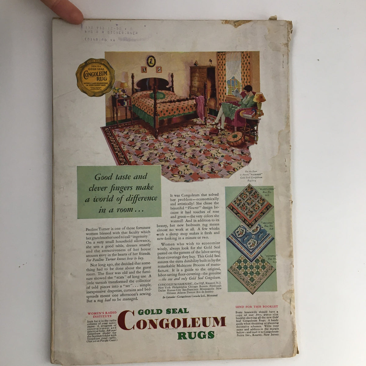 Better Homes & Gardens May 1930 magazine advertisement showcasing Gold Seal Congoleum rugs in a styled bedroom.