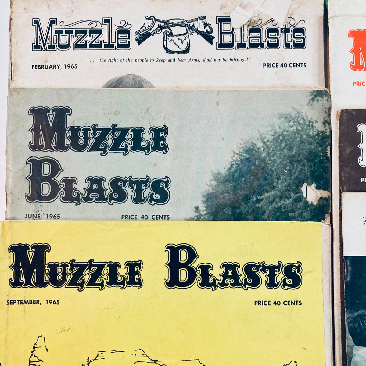 Lot of 21 Muzzle Blasts Magazines showing February, June, and September 1965 covers featuring traditional craftsmanship and historical articles.