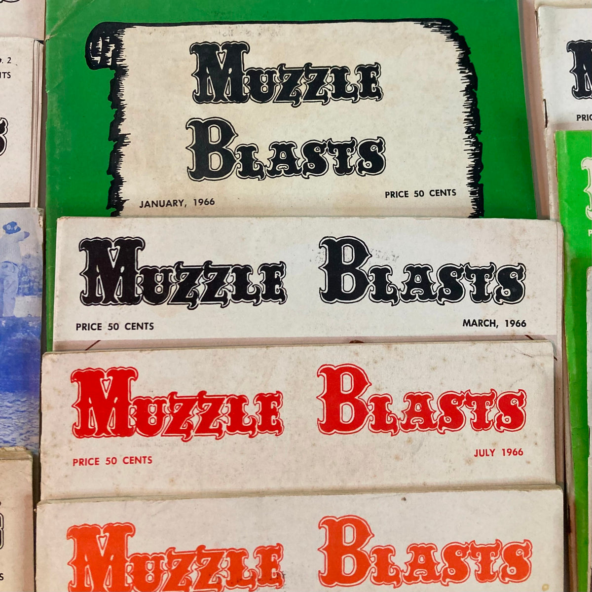 Lot of 21 Muzzle Blasts Magazines showcasing January, March, and July 1966 covers celebrating muzzleloading techniques and living history.