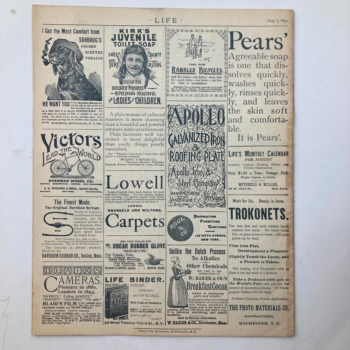 VTG Life Magazine August 3 1893 Vol 22 No. 553 displaying vintage advertisements, including Kirk's Juvenile Toilet Soap and Pear's Soap.