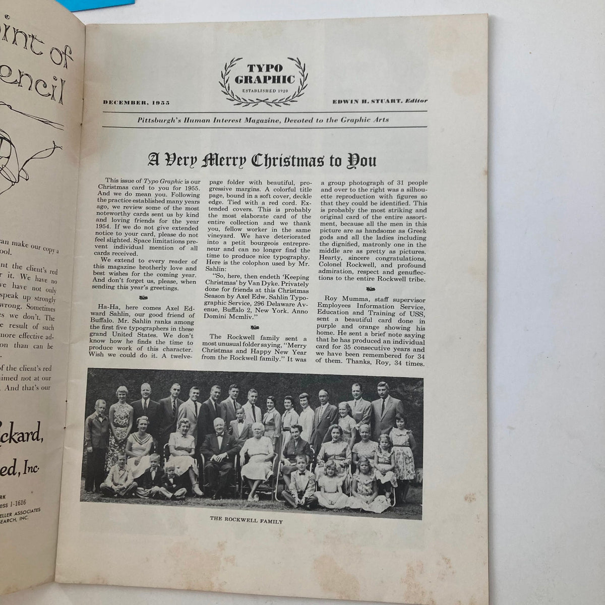 Interior page of the VTG Typo Graphic Magazine December 1955 showcasing a heartfelt Christmas greeting with a photograph of the Rockwell Family.