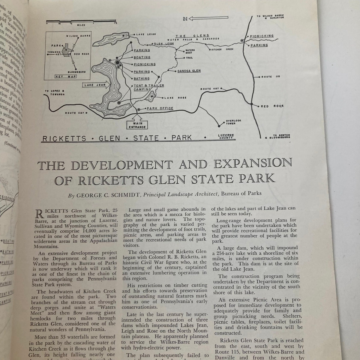 Page from PA Forests & Waters Magazine May 1950 Vol 2 #3 showing a detailed map of Ricketts Glen State Park, highlighting recreational areas and natural features.