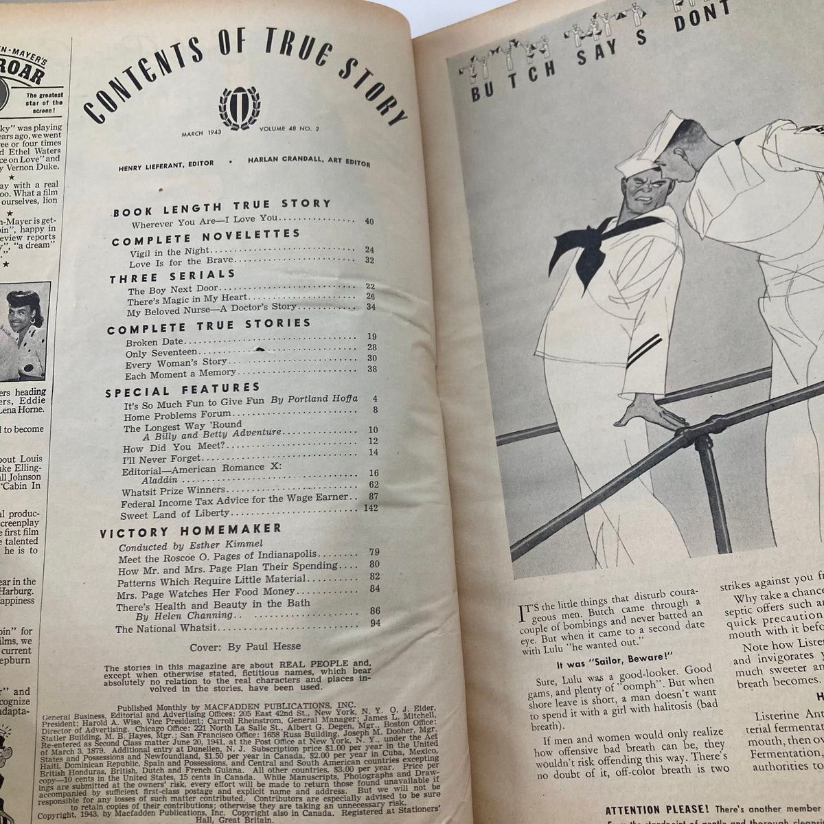 Contents page of VTG True Story Magazine March 1943, Volume 48, Number 2, featuring stories including "Wherever You Are - I Love You" and other narratives from wartime America.