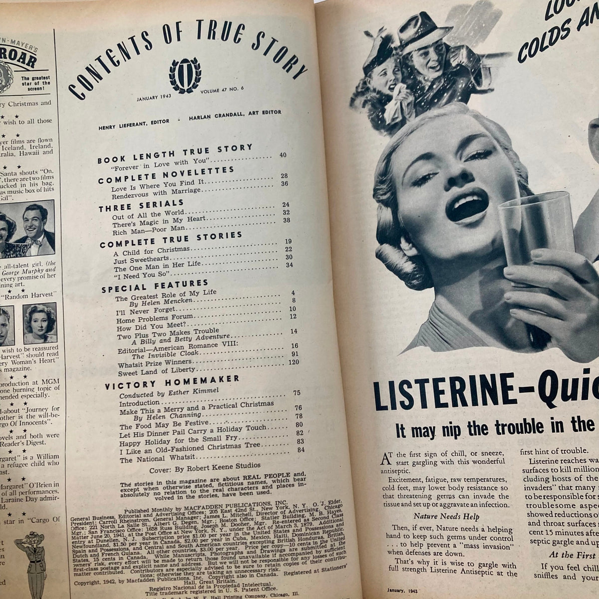 Inside page of VTG True Story Magazine January 1943, Volume 47, Number 6 showcasing the table of contents, including sections on true stories, special features, and serials.