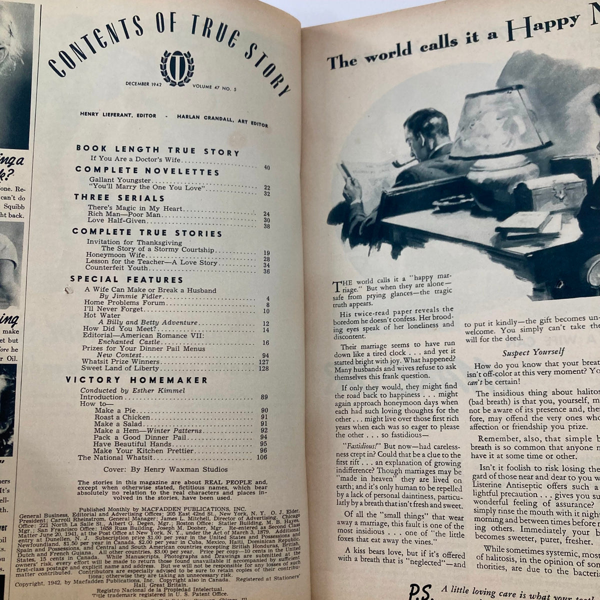 Contents page of VTG True Story Magazine December 1942 Vol 47 No. 5, listing stories and features including 'Rich Man - Poor Man', with a classic 1940s design.