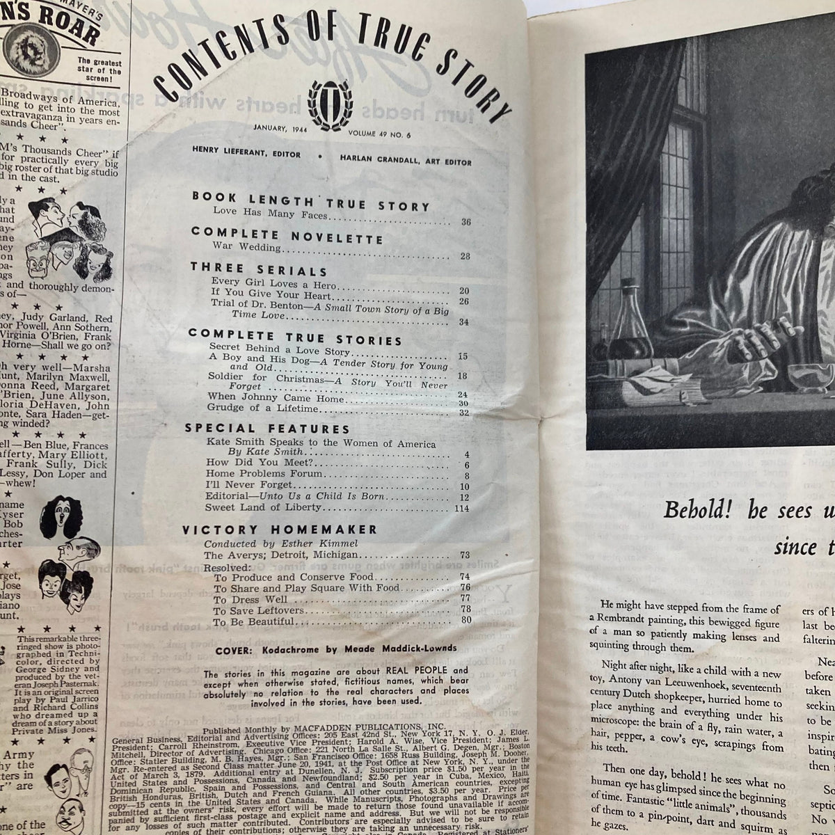 Contents page of VTG True Story Magazine January 1944 Vol 49 No. 6 featuring articles and stories including a section on 'Soldier for Christmas'.