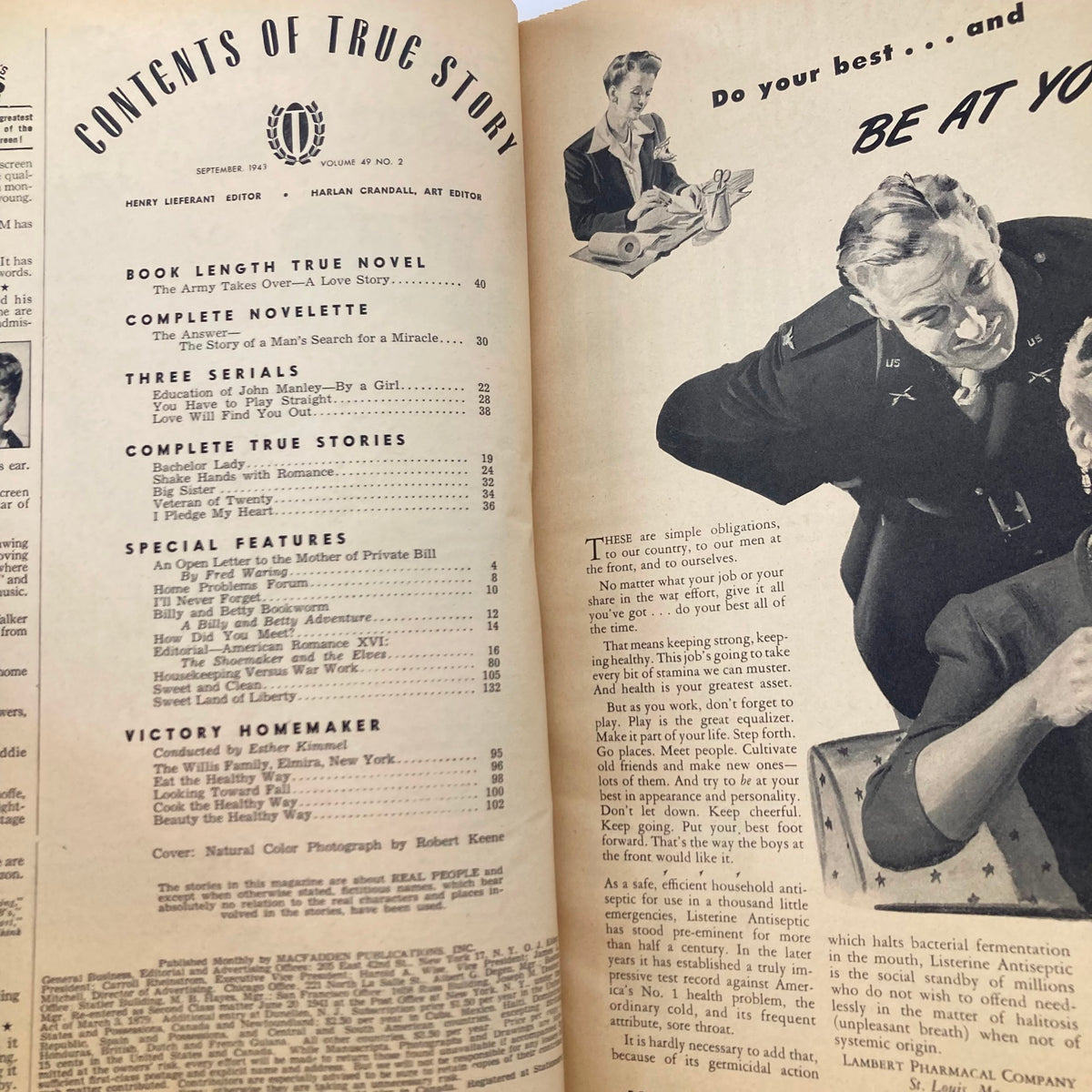 Interior page of VTG True Story Magazine from September 1943, Volume 49, Number 2, displaying the table of contents with listed articles and features. This page showcases various stories related to wartime experiences.