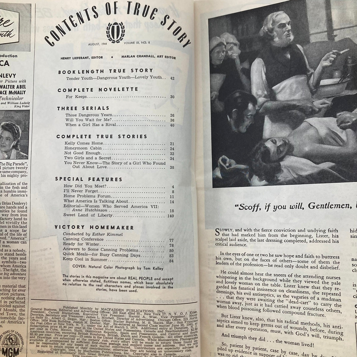Inside page of VTG True Story Magazine August 1944 Vol 51 No. 1 showing the table of contents and articles featuring stories and features from the 1940s.