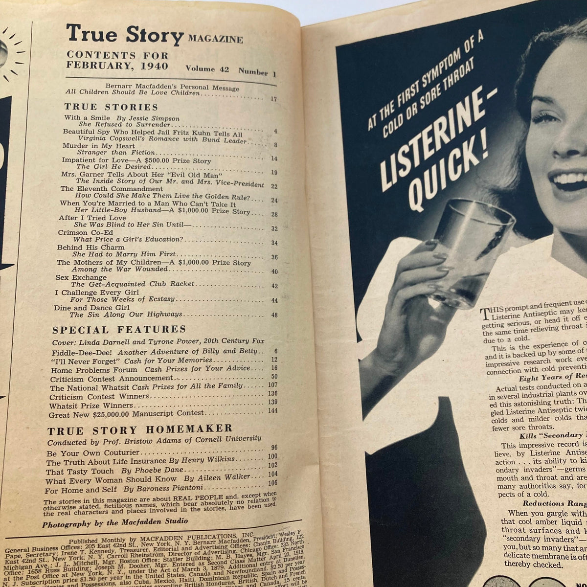 Contents page of VTG True Story Magazine, February 1940, Vol 42 No 1 listing featured stories and articles, showcasing the vintage publication's layout and design.