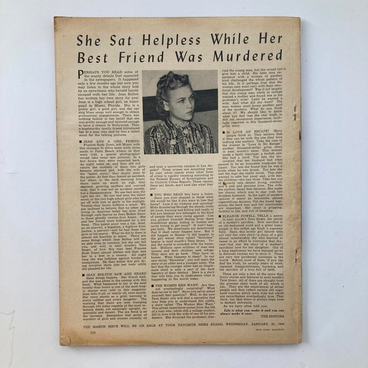 Interior page of VTG True Story Magazine, February 1940, Vol 42 No 1 featuring an engaging story titled 'She Sat Helpless While Her Best Friend Was Murdered', providing a glimpse into the magazine's narrative style.