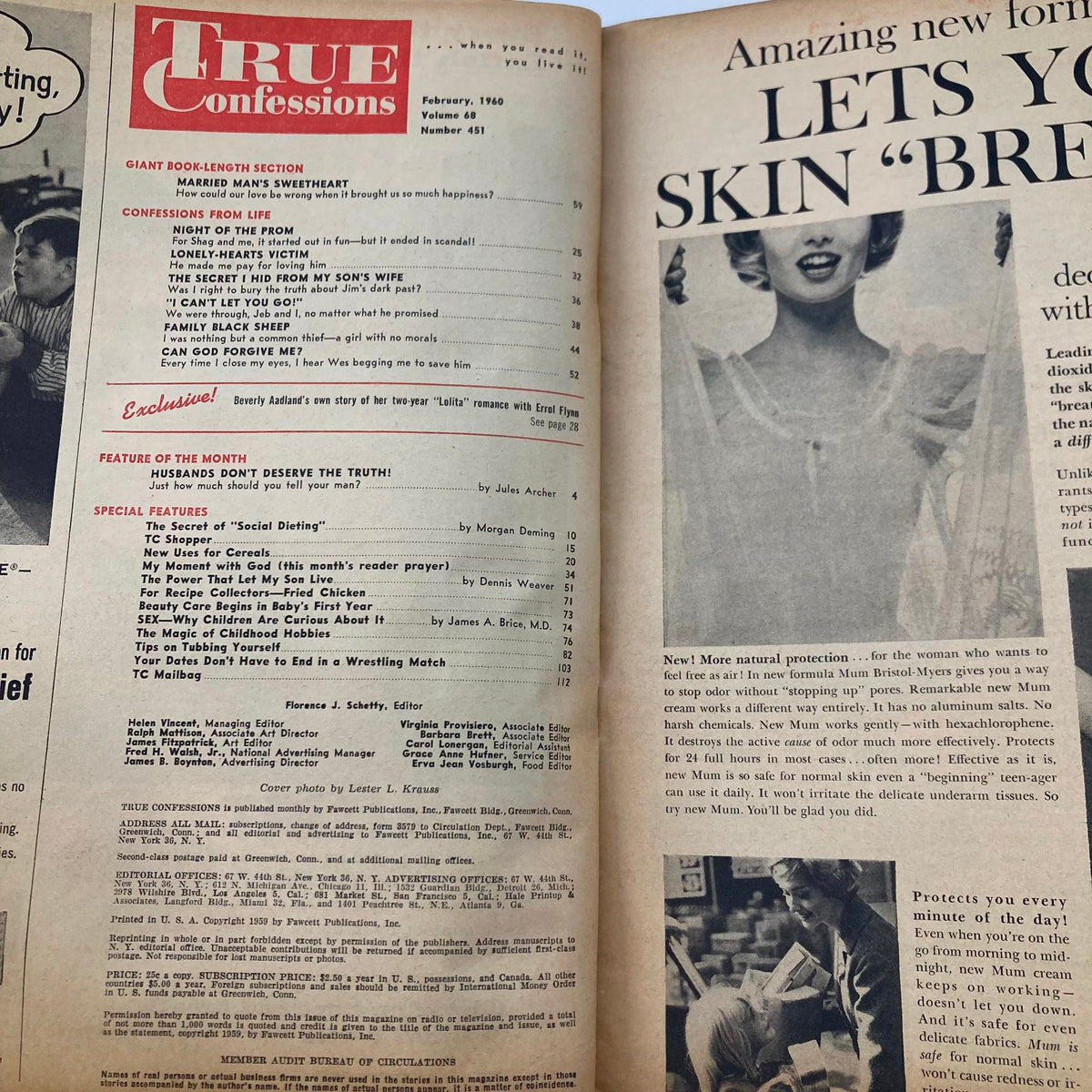 Inside page of VTG True Confessions Magazine from February 1960, Volume 68, Number 451, featuring content titles and an article about beauty protection, showcasing the magazine's vintage charm and relevance to collectors.