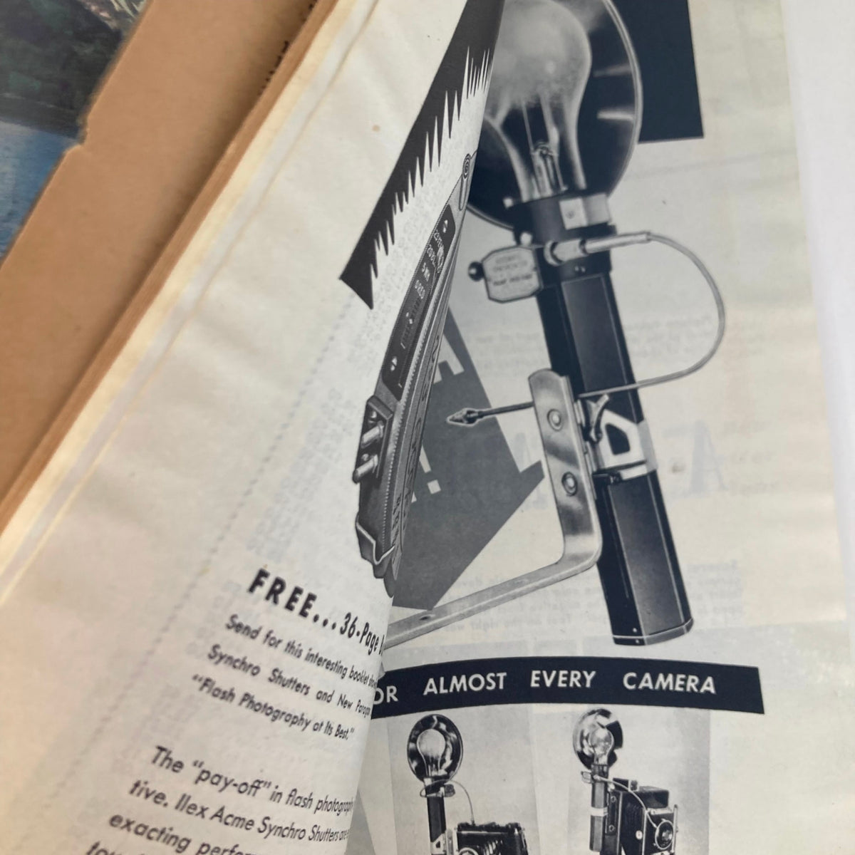Interior page of Popular Photography Magazine May 1947 featuring vintage photography equipment and an advertisement for flash photography, showcasing the technological advancements in photography from the era.
