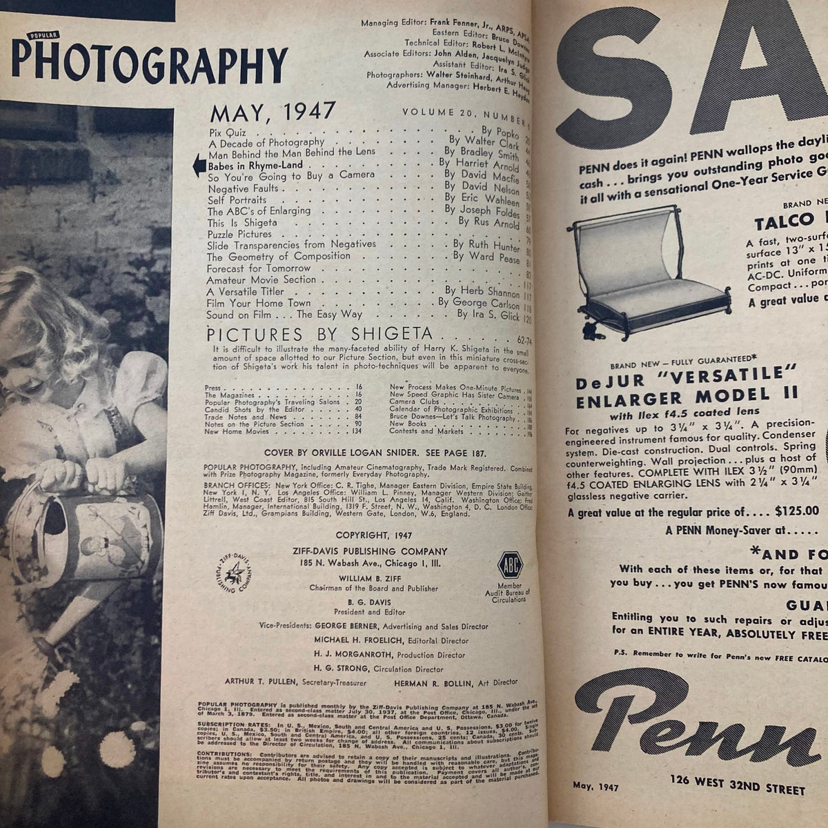 Inside page of VTG Popular Photography Magazine May 1947 Vol 20 No. 5 featuring a content list with articles related to photography techniques and tips, showcasing the vintage aesthetic of mid-20th century publications.