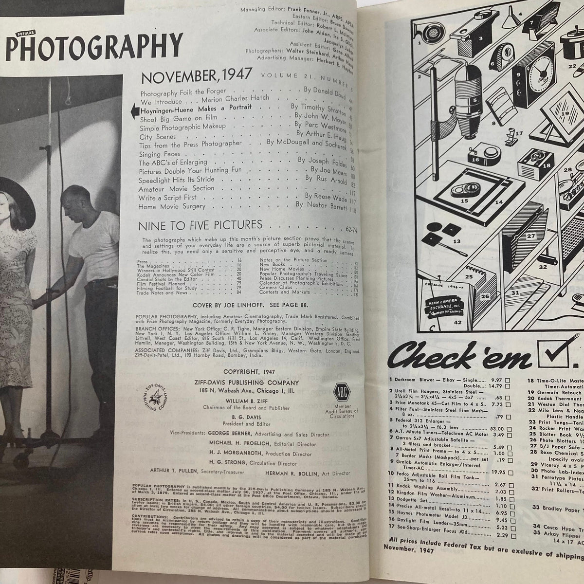 Interior page of VTG Popular Photography Magazine November 1947, Volume 21, Number 5, showcasing table of contents, featuring articles such as 'Homemade-Heune Makes a Portrait' and photography tips.