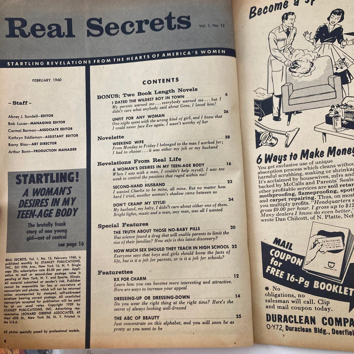 Interior page of VTG Real Secrets Magazine February 1960, featuring contents and articles, emphasizing the magazine's nostalgic charm and insight into historical perspectives on women's issues.