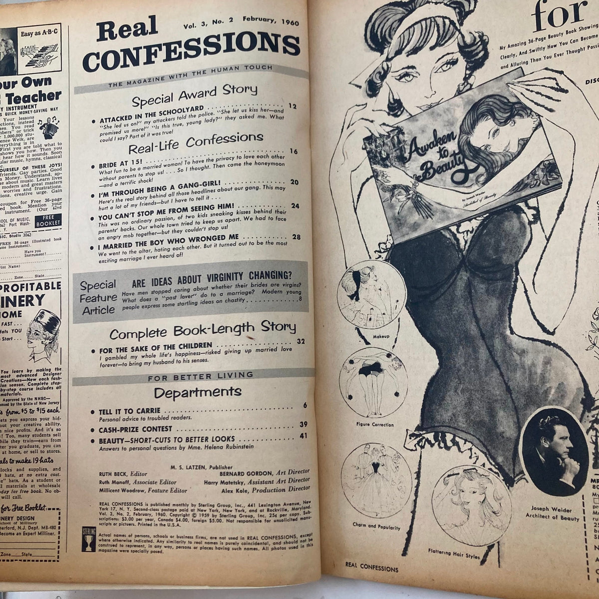 Inside page of VTG Real Confessions Magazine February 1960 Vol 3 No. 2 showing a table of contents with various real-life confession stories and featured articles.