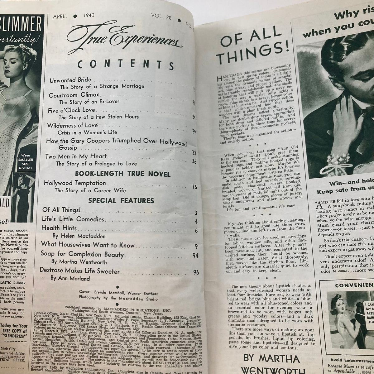 Vintage True Experiences Magazine April 1940 Vol 28 No. 5 Five O'Clock Love No Label