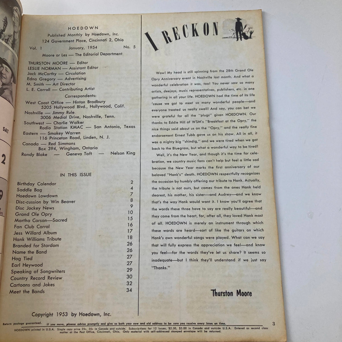 Vintage Hoedown Magazine January 1954 Vol 1 No. 5 Hank Williams No Label