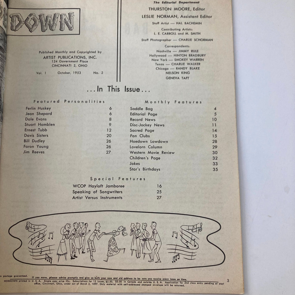 Interior page of the VTG Hoedown Magazine October 1953, Volume 1, Number 2, featuring a table of contents with articles on Ferlin Huskey and other country music personalities.