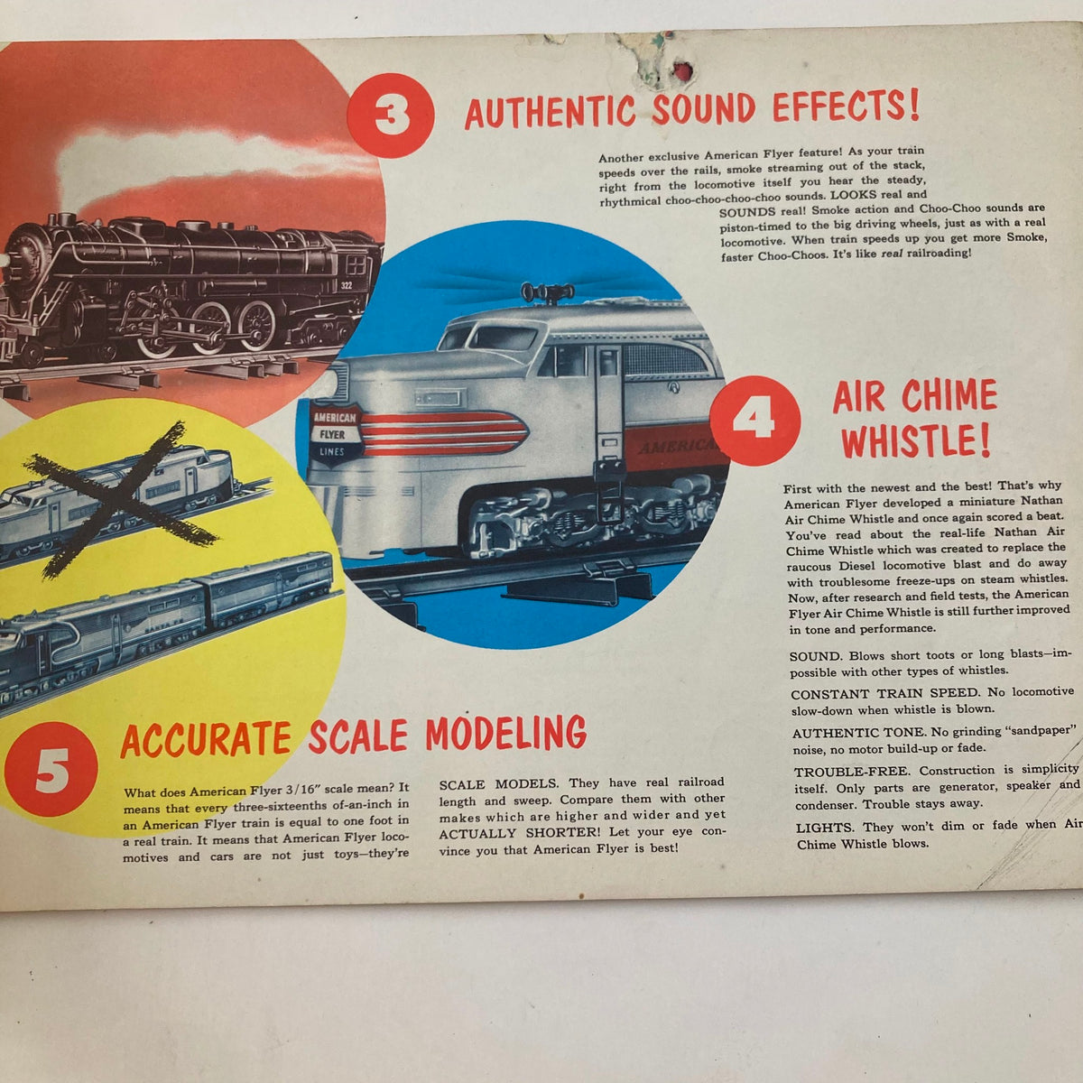 Back cover of the vintage magazine 'VTG 1952 American Flyer Trains and Gilbert Toys 282 325 Silver Streak 360', featuring promotional content on American Flyer model trains and highlighting features like sound effects and accurate scale modeling.