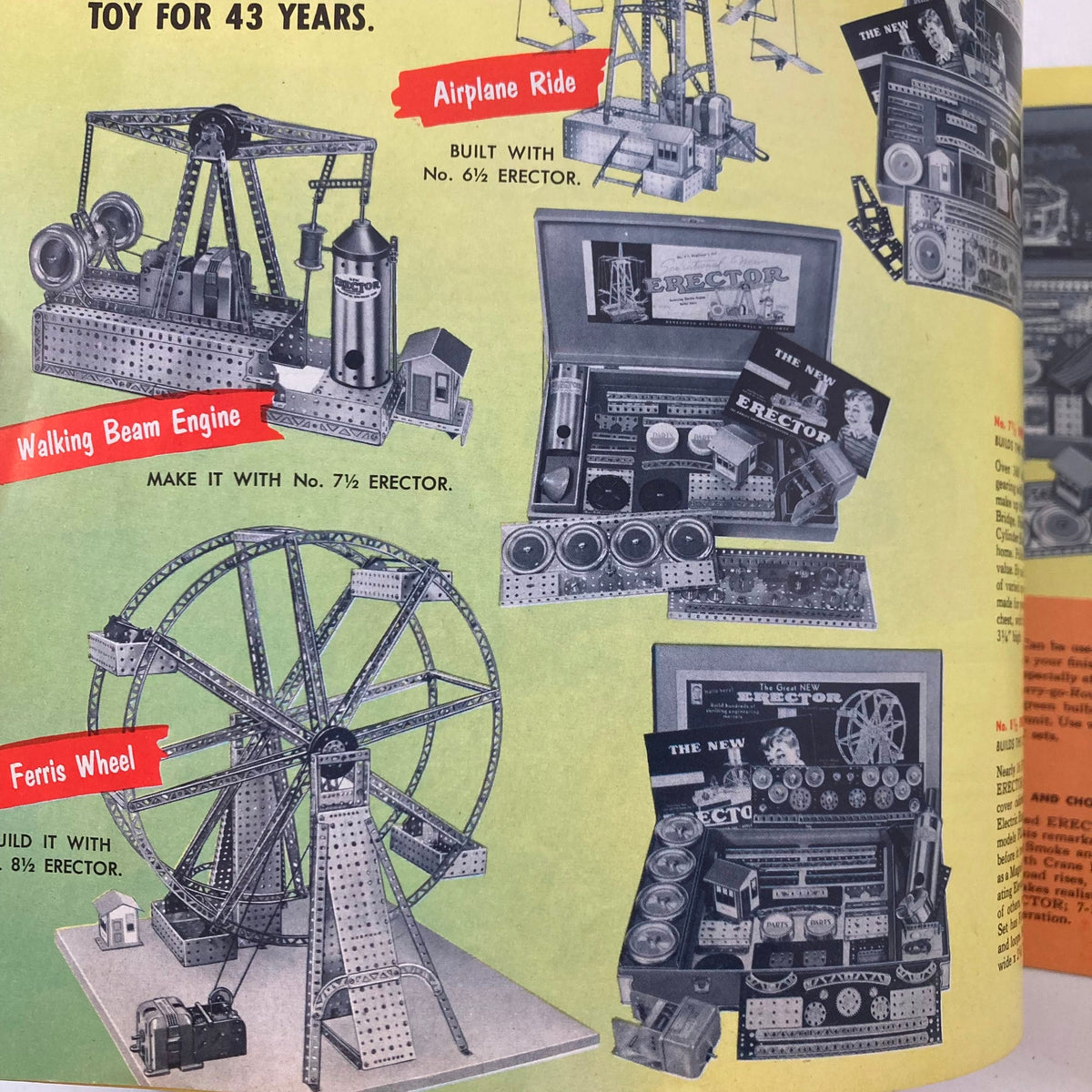 VTG 1952 American Flyer Trains and Gilbert Toys 282 325 Silver Streak 360 advertisement showcasing Erector models including an Airplane Ride, Walking Beam Engine, and Ferris Wheel, illustrating the creativity of classic toy designs.