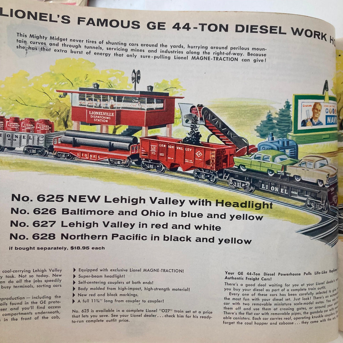 Image of Lionel's GE 44-Ton diesel workhorse train with detailed description and color illustrations highlighting features and specifications.