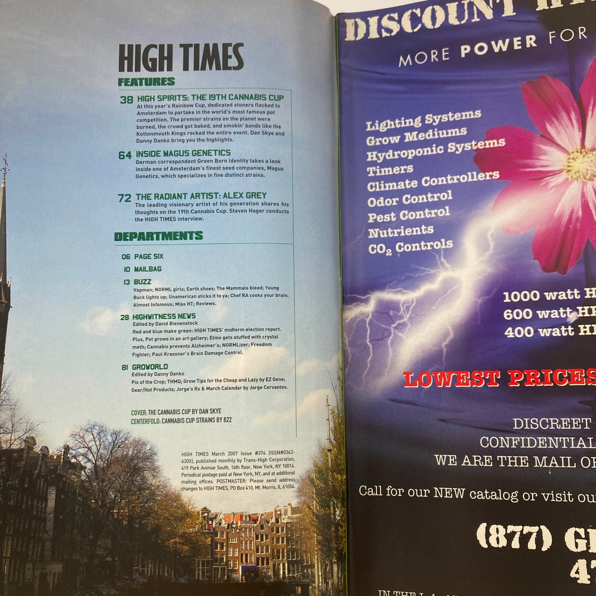 Inside page of High Times Magazine March 2007 displaying article features, including details on the 19th Cannabis Cup and an advertisement for gardening supplies related to cannabis cultivation.