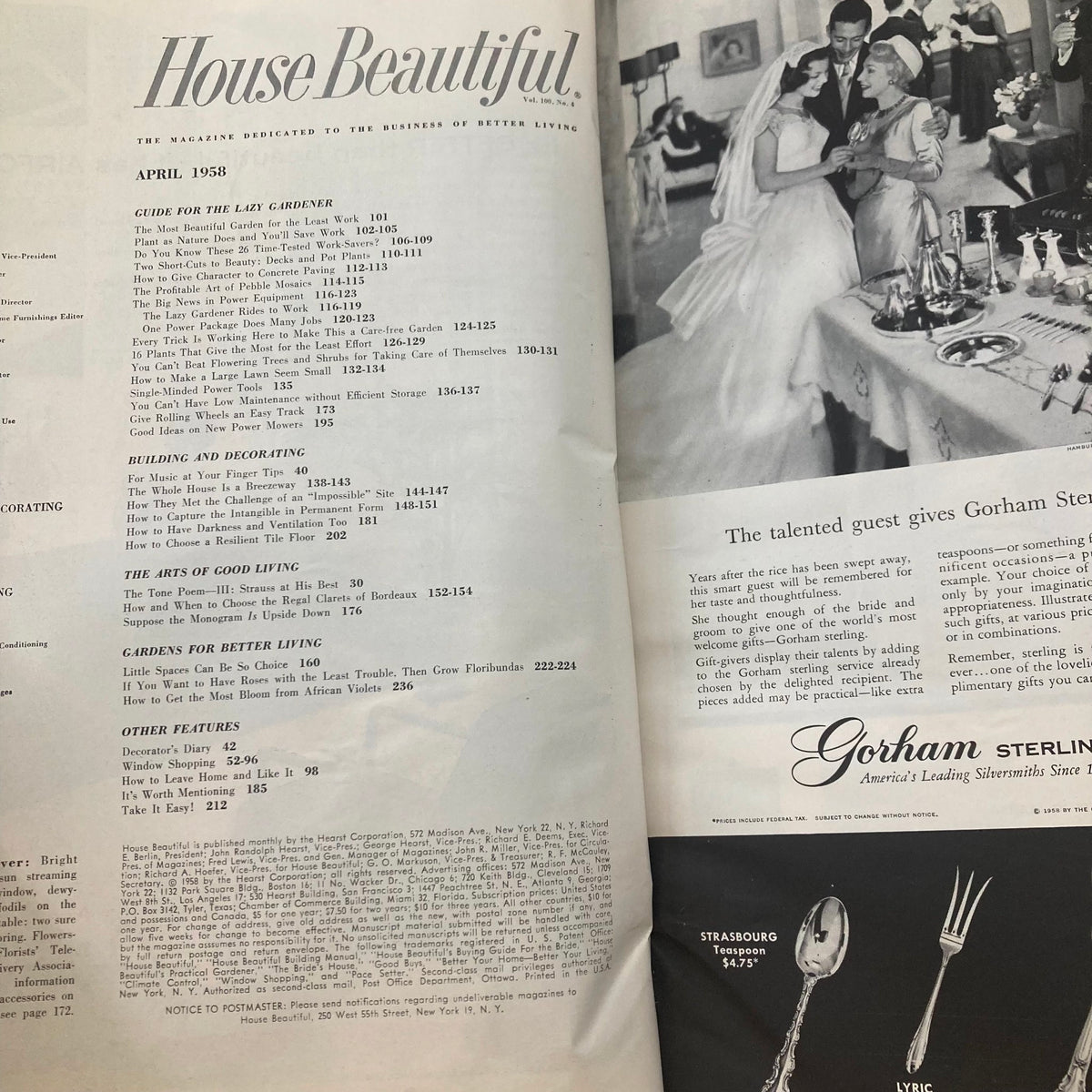 Interior page of House Beautiful Magazine April 1958 displaying the table of contents, highlighting articles on the Guide for the Lazy Gardener and other lifestyle topics.