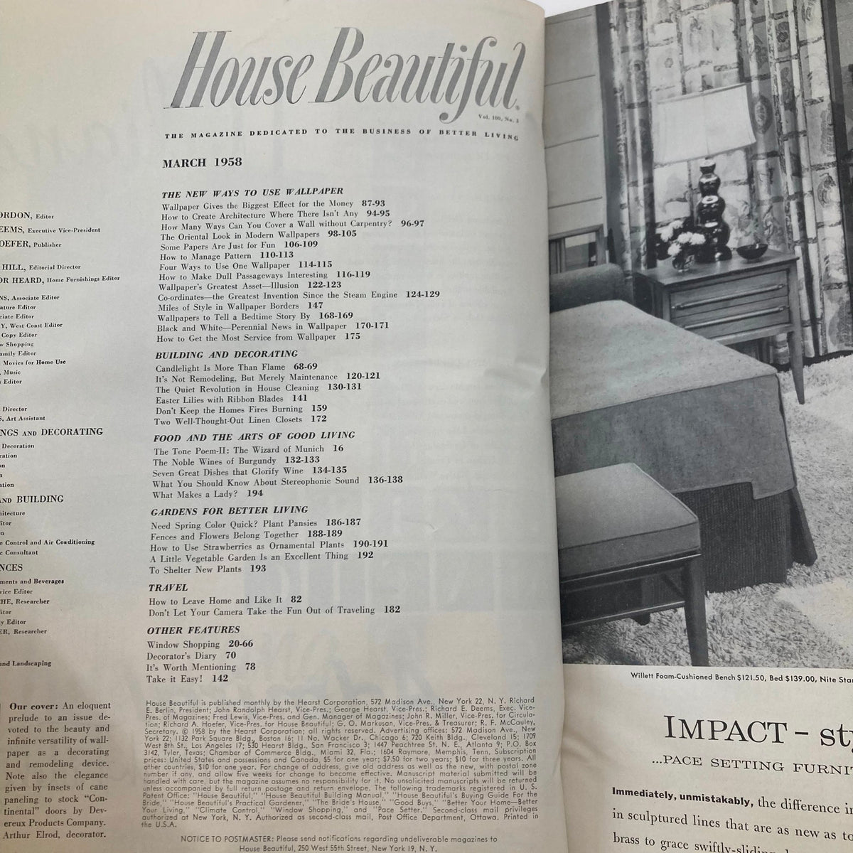 Interior page of the House Beautiful Magazine March 1958 featuring the table of contents related to 'Oriental Look in Modern Wallpaper' with details on articles and features.