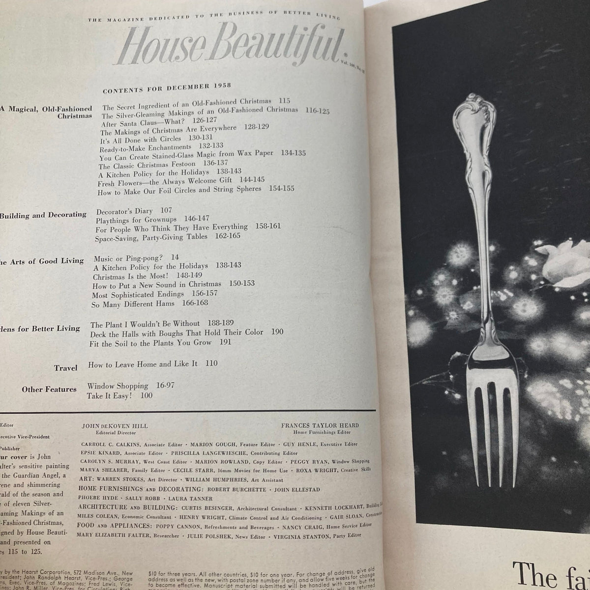 Contents page of House Beautiful Magazine December 1958 listing articles on home design, Christmas traditions, and festive décor inspiration.